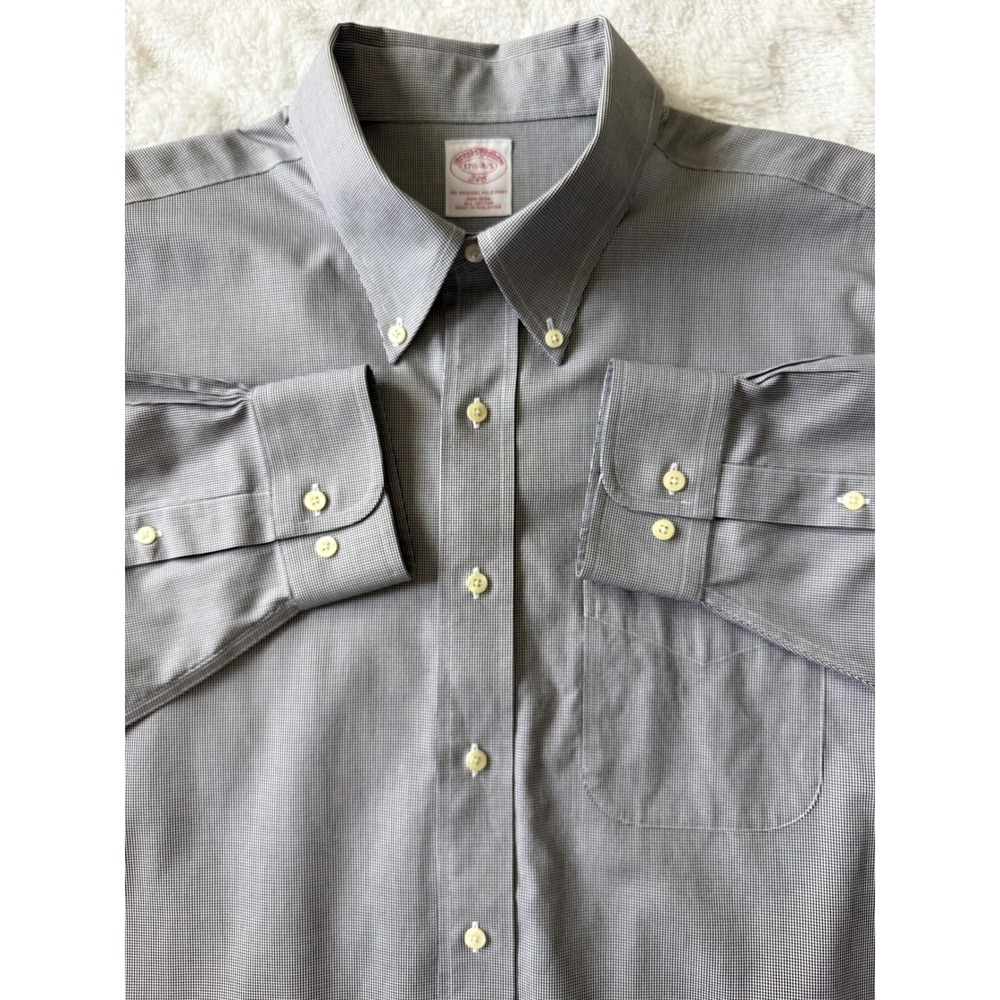 Brooks Brothers 346 Mens 17.5 34/35 Non-Iron Cotton Houndstooth Dress Shirt Grey